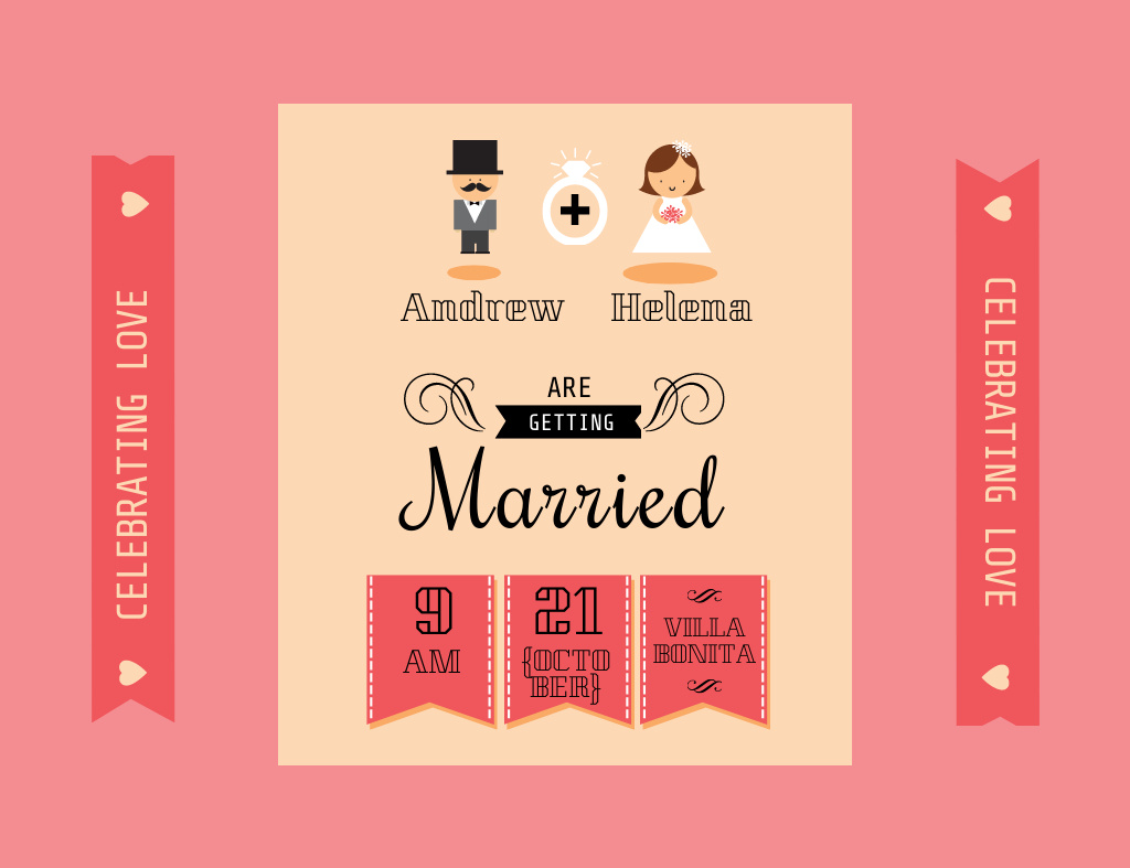 Wedding Event With Groom And Bride Invitation 13.9x10.7cm Horizontal Design Template
