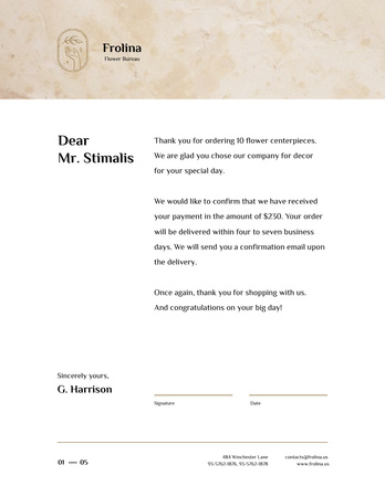 Florist Company Payment Confirmation Letterhead 8.5x11in Design Template