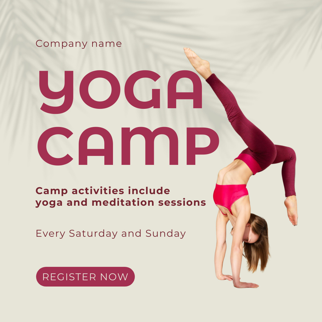 Yoga Camp Invitation with Woman Standing on Her Hands Instagram Modelo de Design