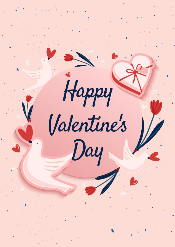 Valentine's Day With Doves And Flowers Celebration Postcard A6 Vertical Šablona návrhu