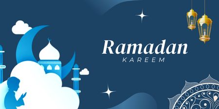 Ramadan Greetings with Mosque And Moon In Blue Twitter Design Template