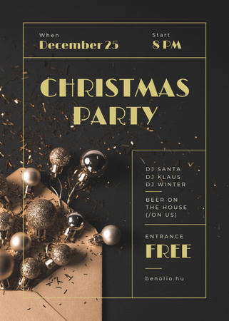 Christmas Party Invitation Shiny Golden Baubles Flayer Design Template