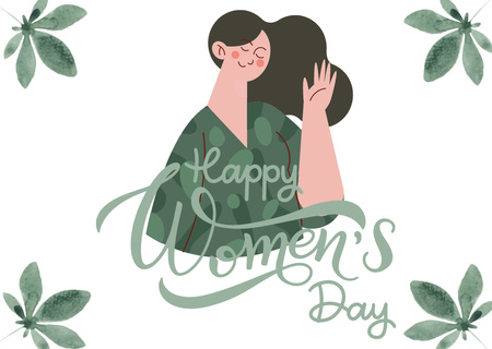Naistenpäivätervehdys vihreissä lehdissä olevan naisen kanssa Card Design Template