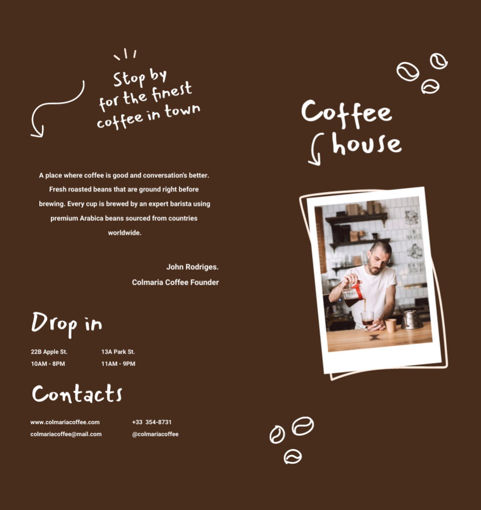 Handwritten Coffee House Ad with Barista In Brown Brochure Din Large Bi-fold Design Template