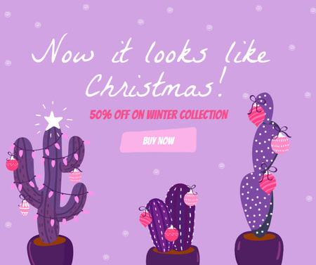 Christmas Sale with Cacti in Festive Garlands Facebook Design Template