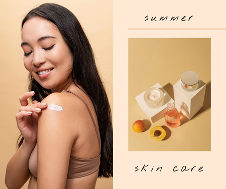Summer Skincare Offer with Woman applying Cream Facebook tervezősablon