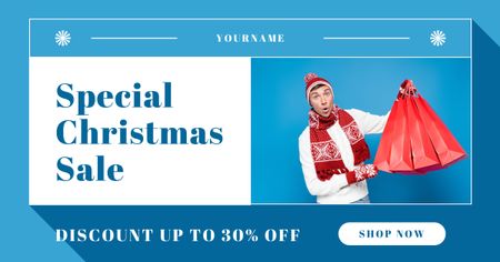 Man is Shopping on Christmas Sale Blue Facebook AD Design Template