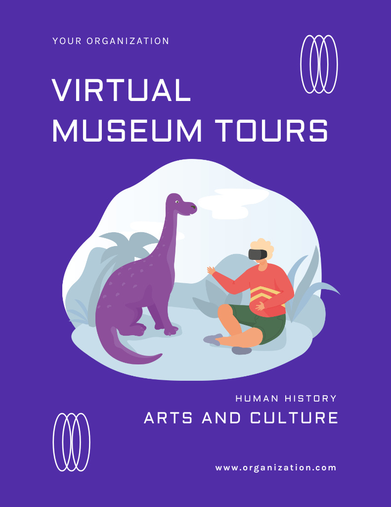 Virtual Museum Tour Announcement with Dinosaur on Blue Poster 8.5x11in Modelo de Design
