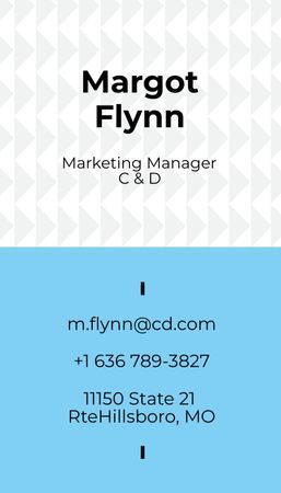 Marketing Manager Contacts with Geometric Pattern in Blue Business Card US Vertical Design Template