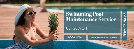 Ofertas de manutenção de piscina com mulher jovem e bonita Facebook cover Modelo de Design