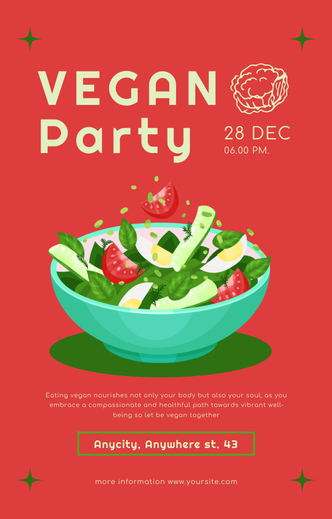 Vegan Party Ad on Red Invitation 4.6x7.2in Šablona návrhu