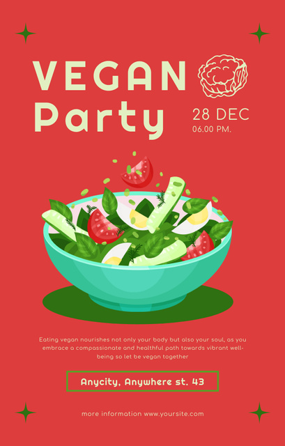 Vegan Party Ad on Red Invitation 4.6x7.2in Tasarım Şablonu
