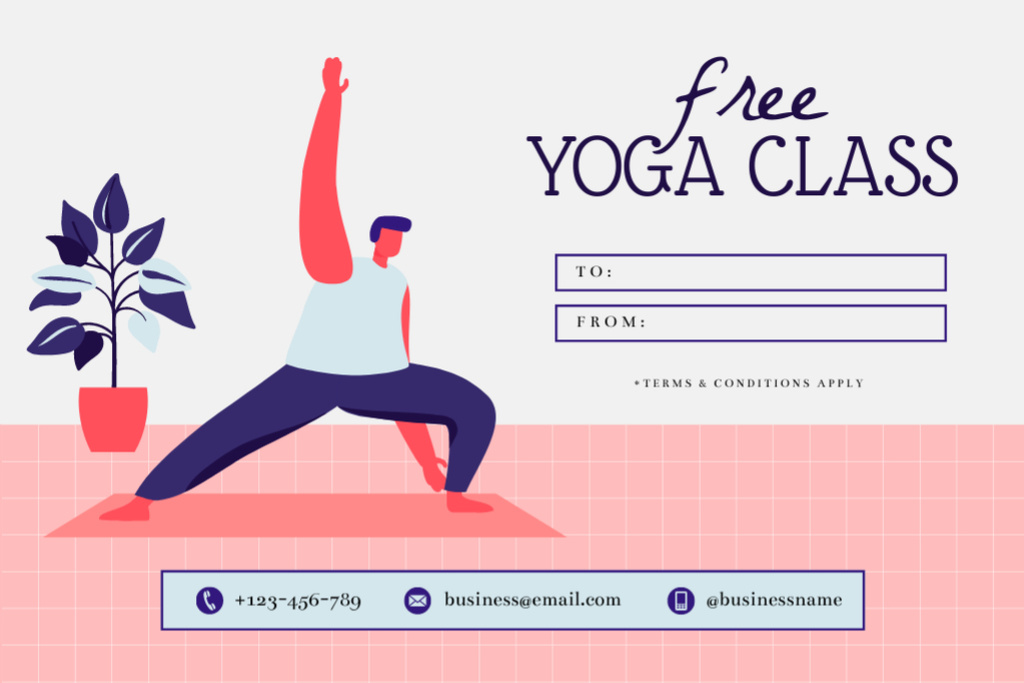 Plantilla de diseño de Free Yoga Classes Announcement with Man doing Workout at Home Gift Certificate 