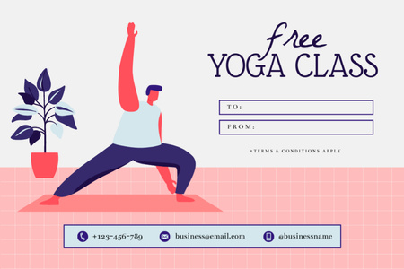 Plantilla de diseño de Anuncio de clases de yoga gratis con hombre haciendo ejercicio en casa Gift Certificate 