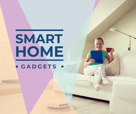 Designvorlage Smart Home Anzeige mit Frau mit Staubsauger für Facebook