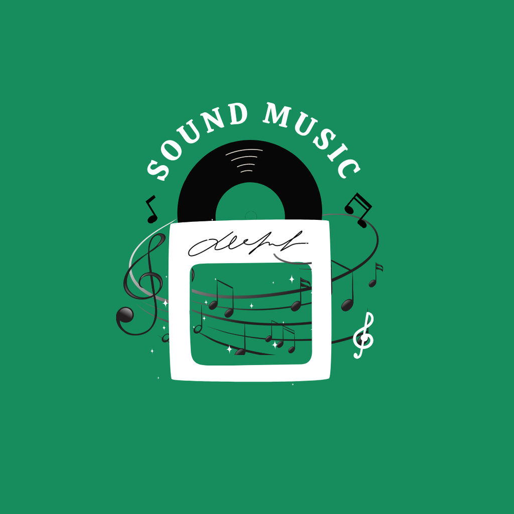 Plantilla de diseño de Vinyl Record with Music Notes In Green Logo 1080x1080px 