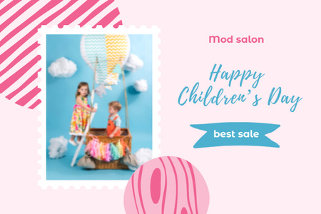 Children's Day Greeting With Kids In Balloon Postcard 4x6in – шаблон для дизайна