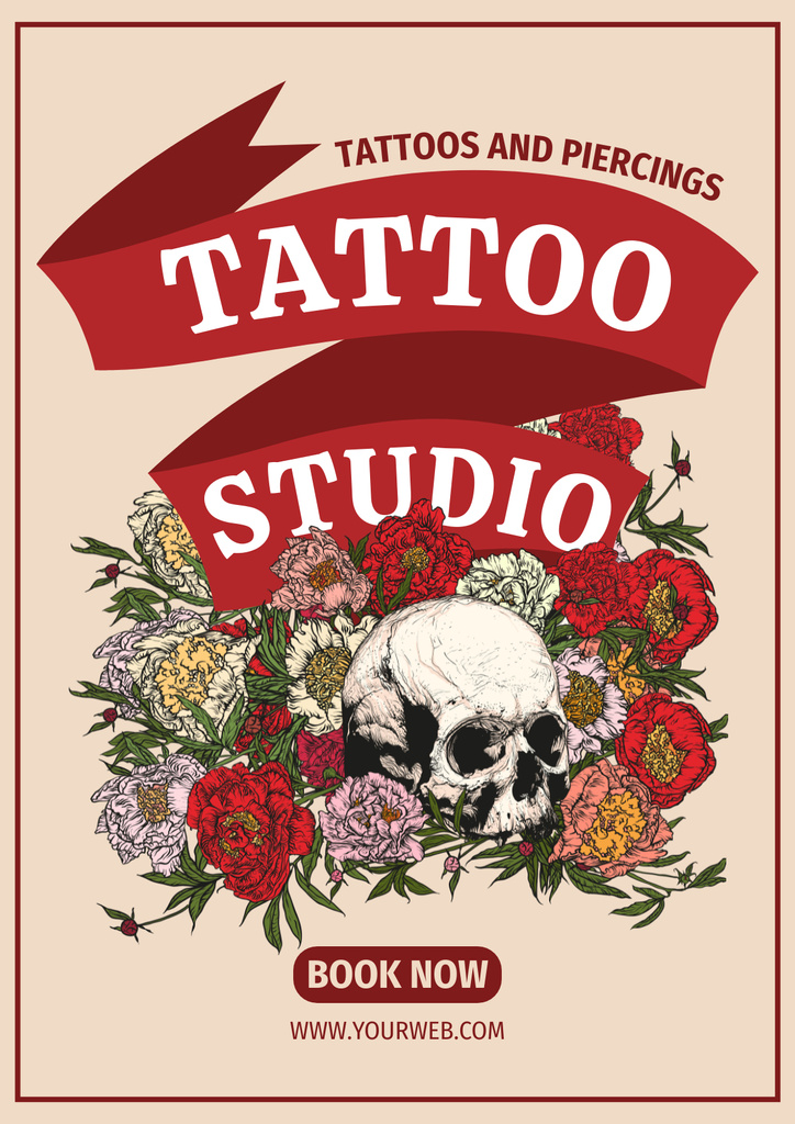 Skull With Flowers And Tattoo Studio Services Posterデザインテンプレート
