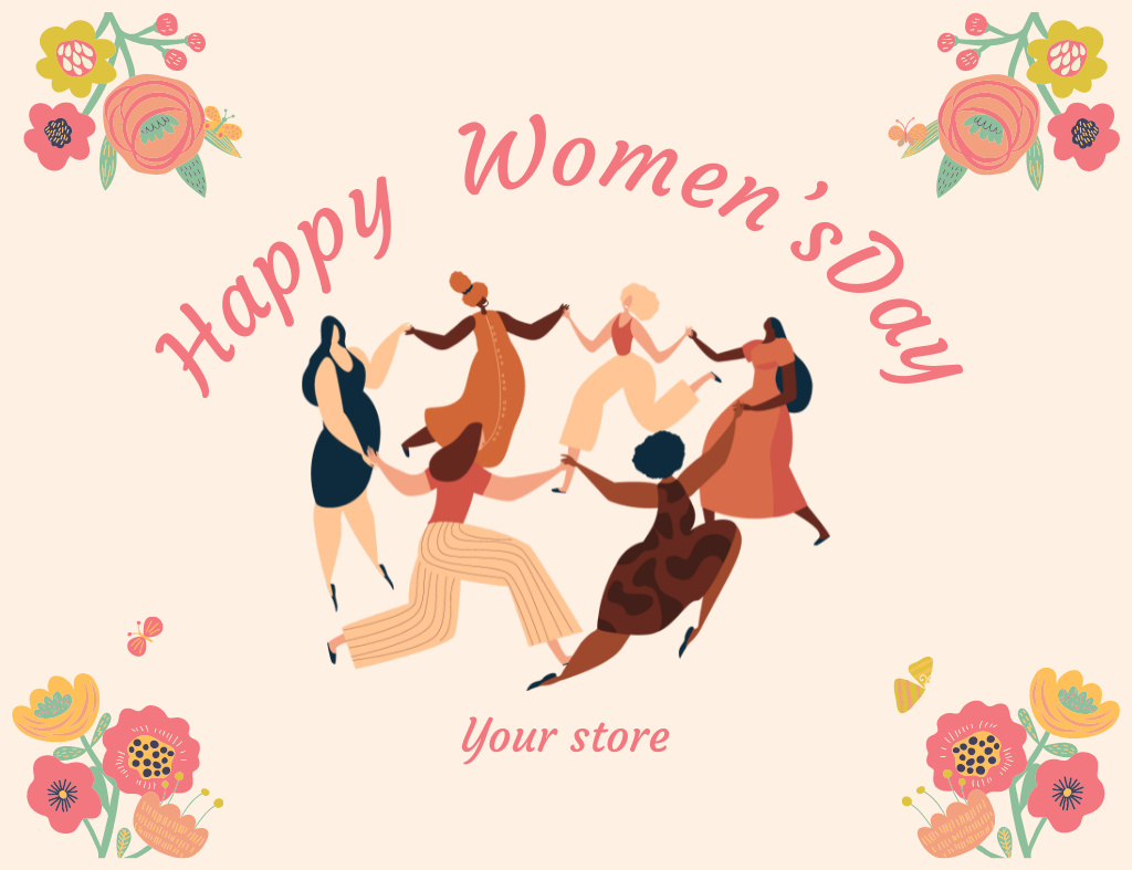 International Women's Day Congrats With Women Dancing Together Thank You Card 5.5x4in Horizontalデザインテンプレート