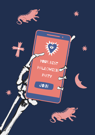 Halloween Party Announcement on Phone in Skeleton's Hand Poster Design Template