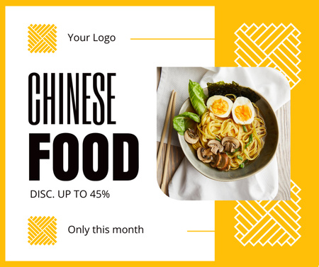 Designvorlage Rabattankündigung für chinesisches Essen mit Nudeln auf Gelb für Facebook