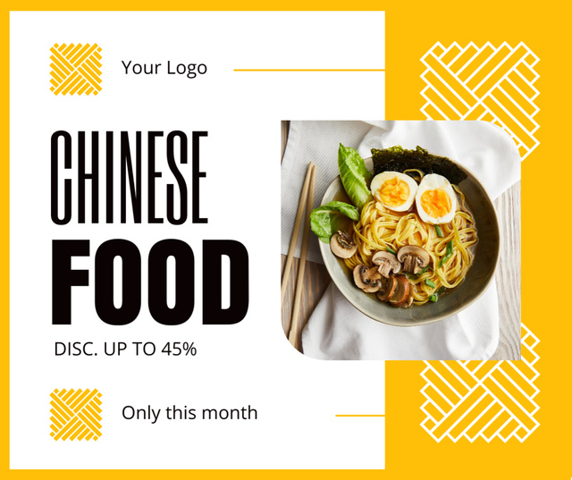 Chinese Food Discount Announcement with Noodles on Yellow Facebook Design Template