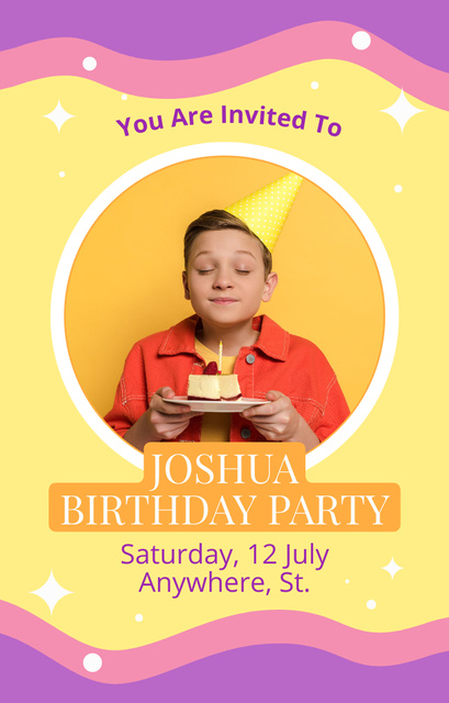 Platilla de diseño Kid's Birthday Party Announcement on Yellow and Purple Invitation 4.6x7.2in