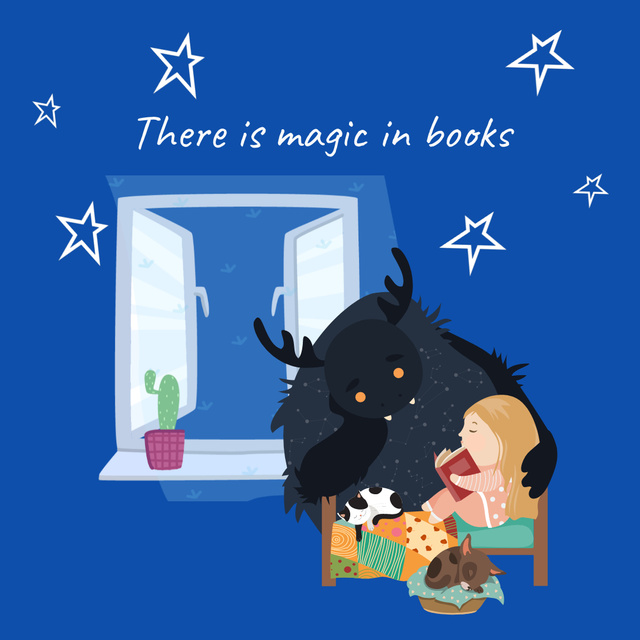 Reading Motivation Phrase with Child And Mysterious Creature Animated Post Šablona návrhu