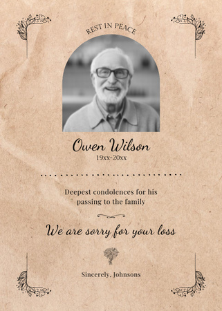 Sorry for Your Loss with Photo of Friendly Man Postcard 5x7in Vertical Design Template
