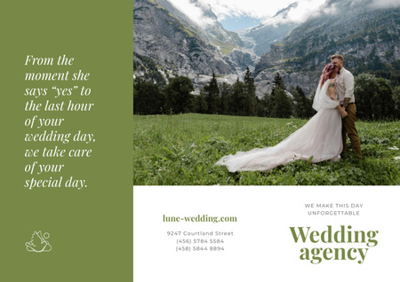 Wedding Agency Ad with Happy Newlyweds in Majestic Mountains Brochure Πρότυπο σχεδίασης