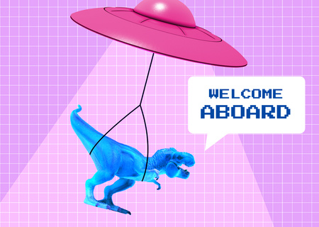 Modèle de visuel illustration drôle de dinosaure volant sur ovni - Card
