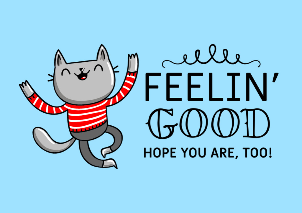 Funny Cat In Striped Sweater With Good Wish Postcard A5 Tasarım Şablonu