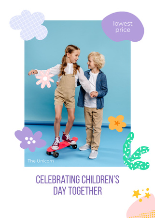Happy Boy and Girl Celebrating Children's Day With Skateboard Postcard 5x7in Vertical Design Template