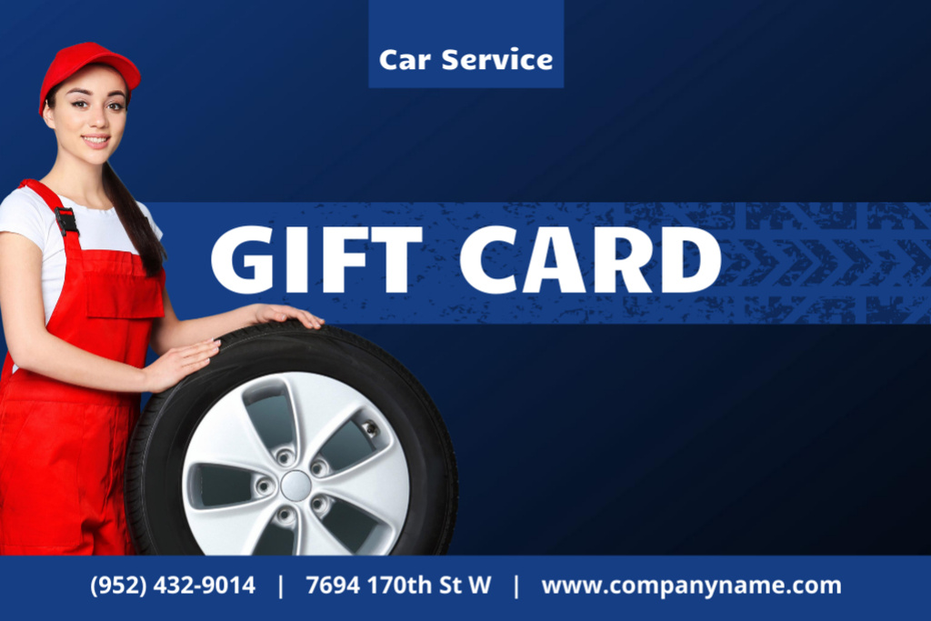 Car Service Ad with Woman Worker and Tire Gift Certificate Modelo de Design