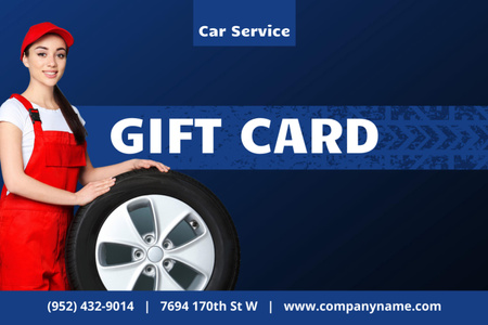 Car Service Ad with Woman Worker and Tire Gift Certificate Design Template