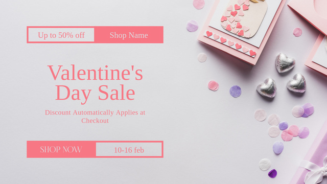Valentine's Day Sale Announcement with Hearts and Confetti FB event cover tervezősablon