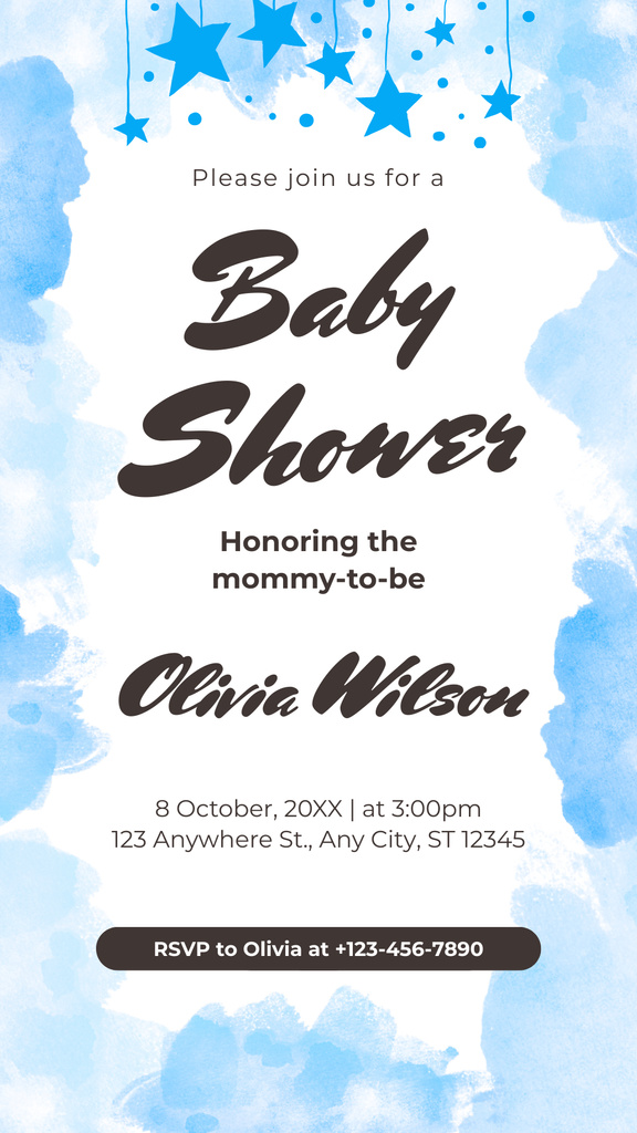 Baby Shower Party Announcement with Watercolor Blots Instagram Story Modelo de Design