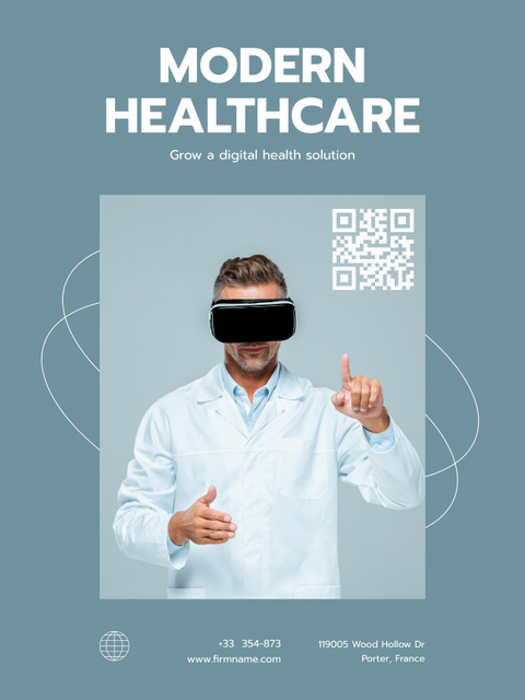 Digital Healthcare Services with Doctor in Glasses Poster US Šablona návrhu