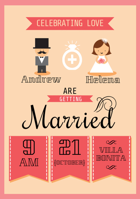 Wedding Invitation with Illustration of Groom and Bride Flyer A5 Πρότυπο σχεδίασης