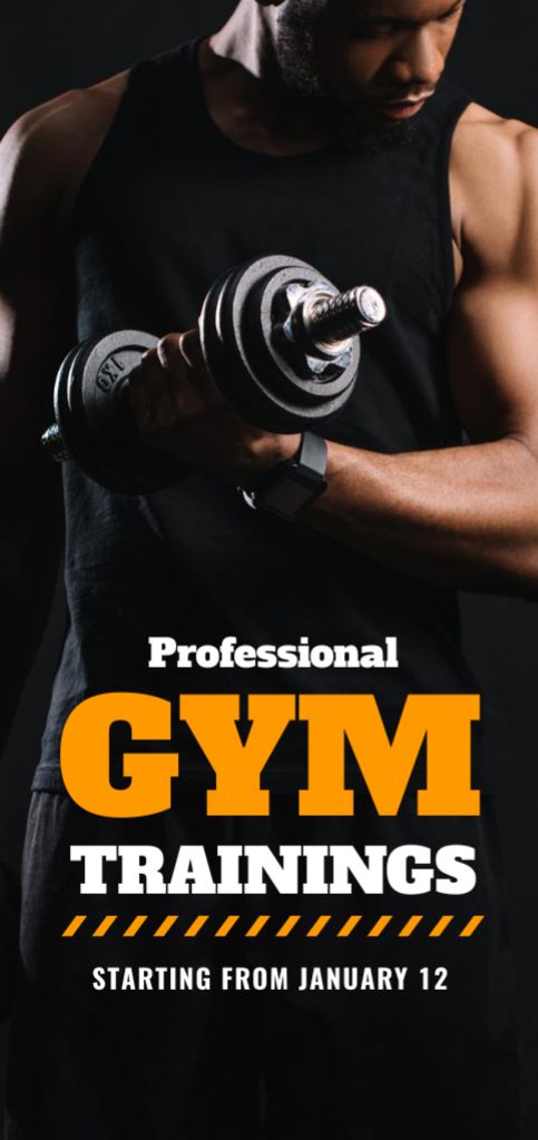 Gym Advertisement with Muscular Man Lifting Dumbbell Flyer DIN Large tervezősablon