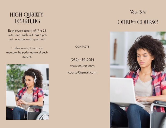 Online Courses Ad with Woman is using Laptop and Headphones Brochure 8.5x11in Tasarım Şablonu
