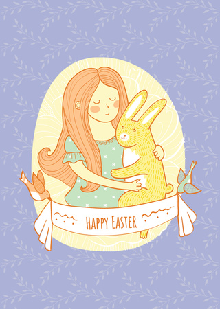 Easter Greeting With Girl Hugging Bunny Postcard A6 Vertical Design Template