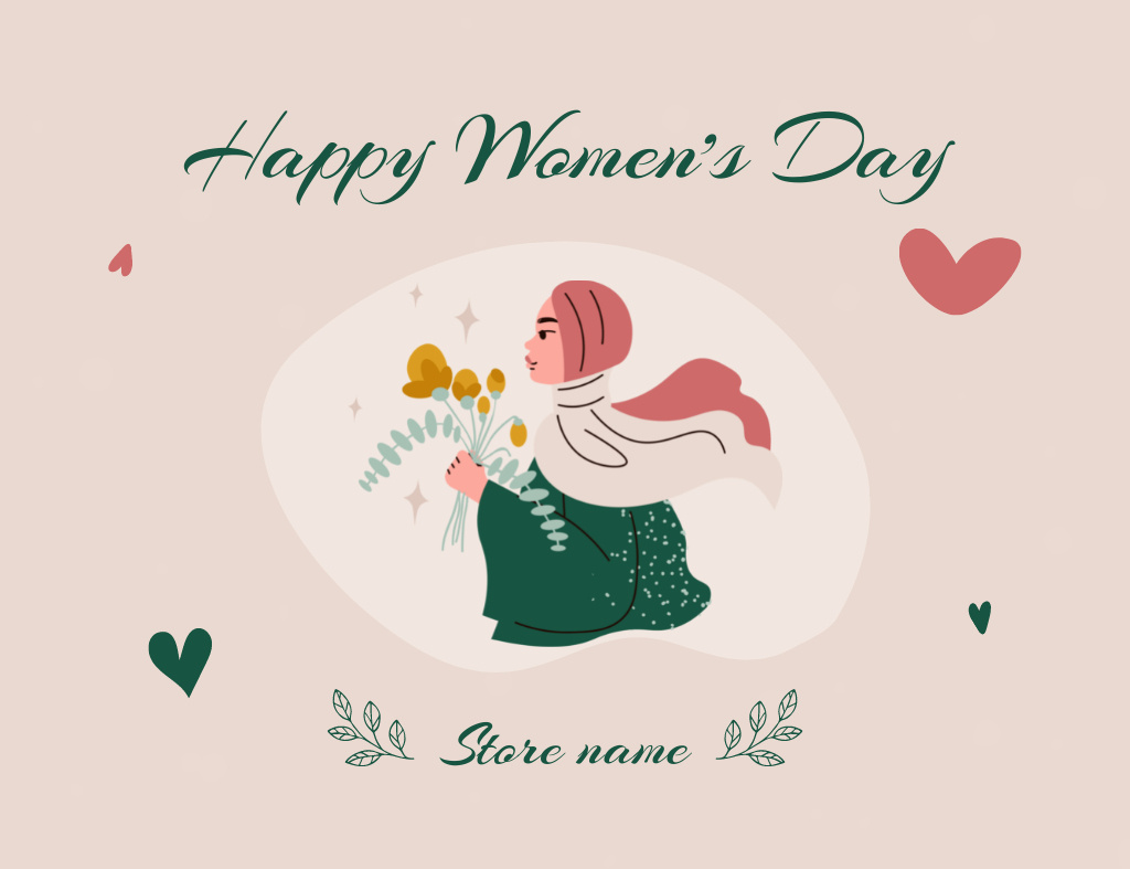 Women's Day Greeting with Illustration of Muslim Woman Thank You Card 5.5x4in Horizontal Tasarım Şablonu
