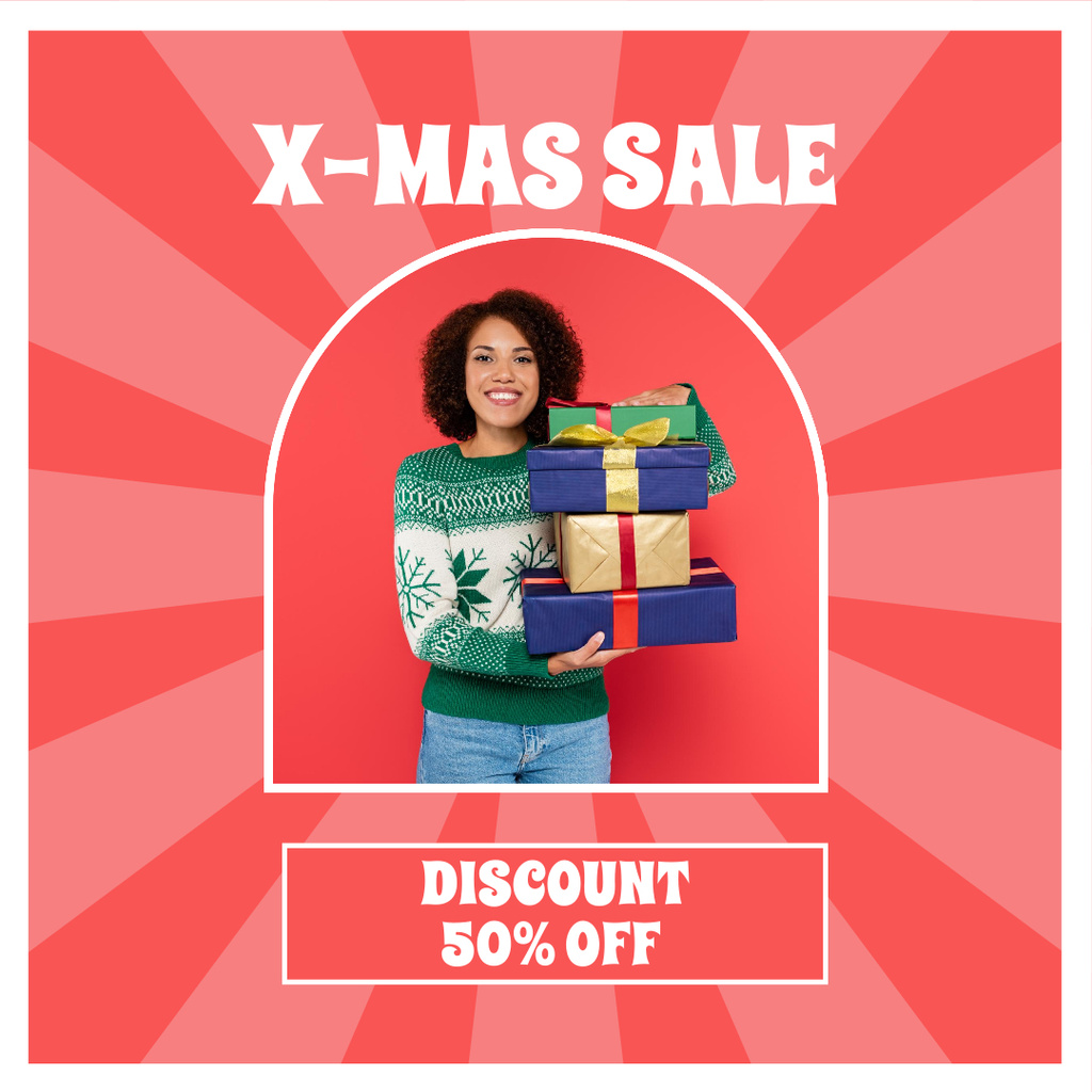 Woman with Present Boxes on X-mas Sale Instagram AD Modelo de Design
