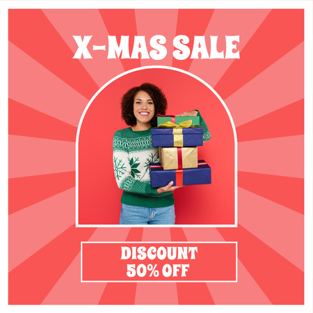 Woman with Present Boxes on X-mas Sale Instagram AD Design Template