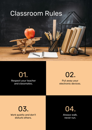 Plantilla de diseño de Awesome Classroom Rules with Stationery and Toy Plane on Table Poster B2 