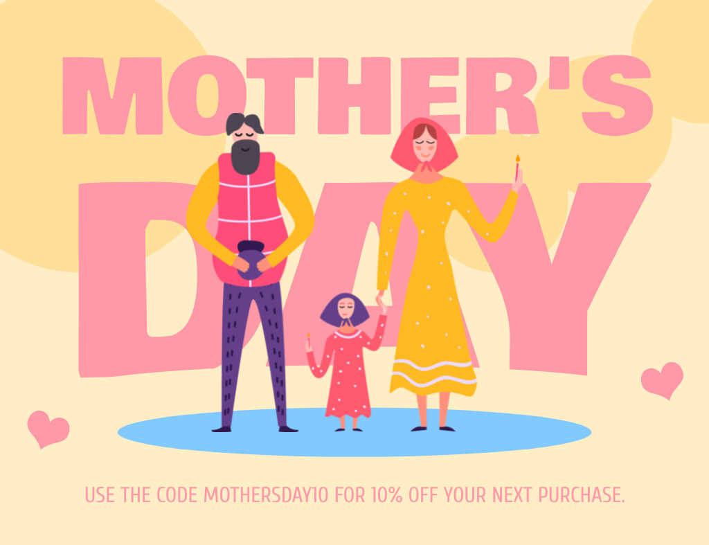 Modèle de visuel Mother's Day Discount Offer with Illustration of Family - Thank You Card 5.5x4in Horizontal
