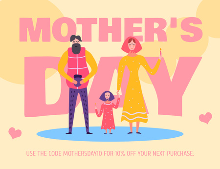 Designvorlage Rabattangebot zum Muttertag mit Illustration der Familie für Thank You Card 5.5x4in Horizontal