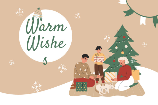 Christmas and New Year Warm Wishes with Happy Family Postcard 4x6in Design Template
