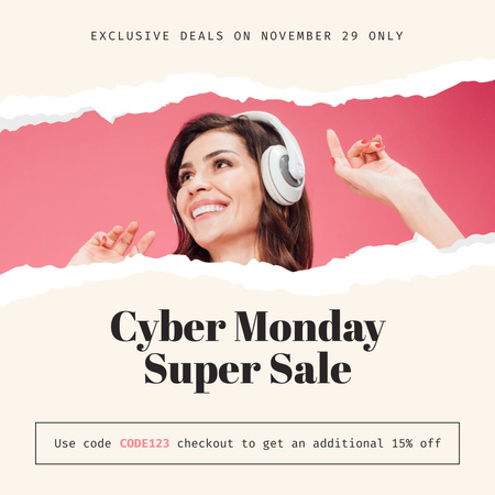 Ontwerpsjabloon van Instagram van cyber maandag super sale met vrouw in hoofdtelefoon